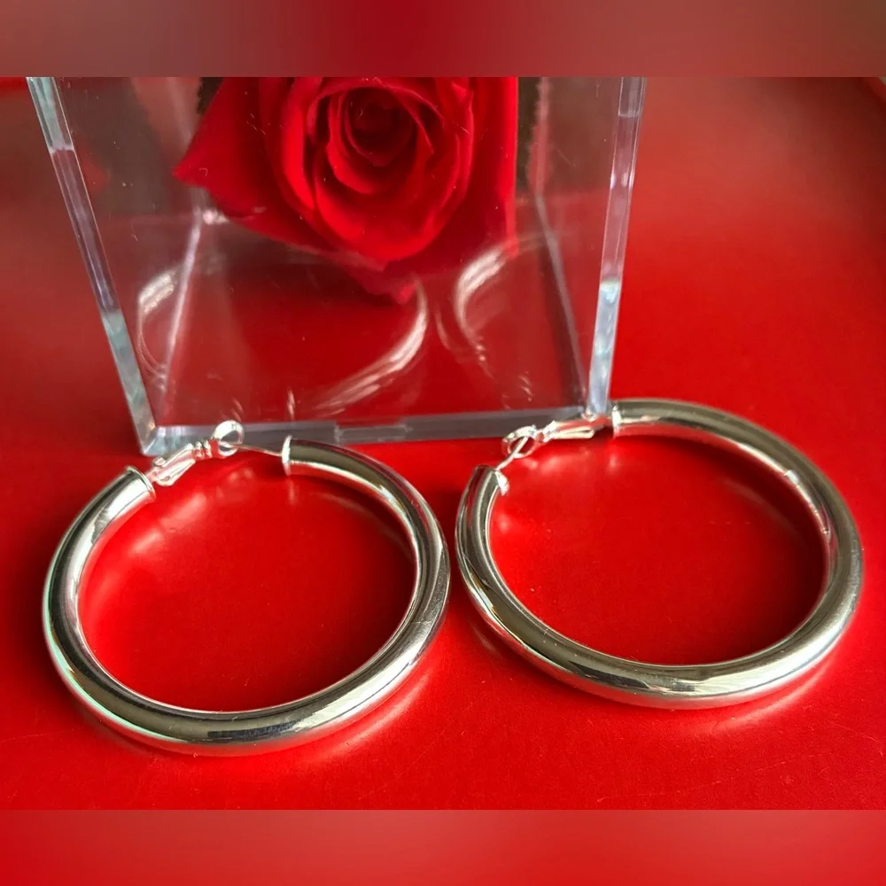 925 Silver Earrings,Classic Chunky Hoop Earrings in Silver